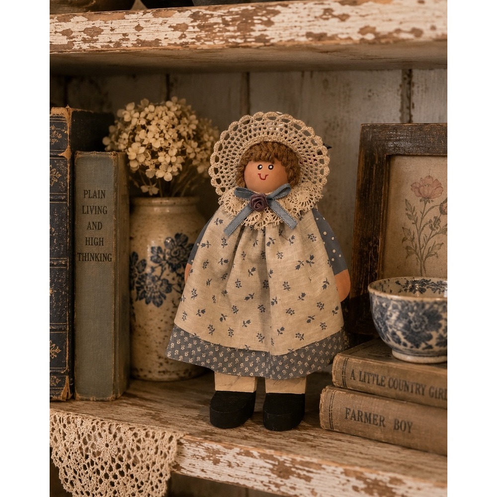 Vintage Handmade Wooden Doll Primitive Farmhouse Decor Blue Floral Lace 9 Inch